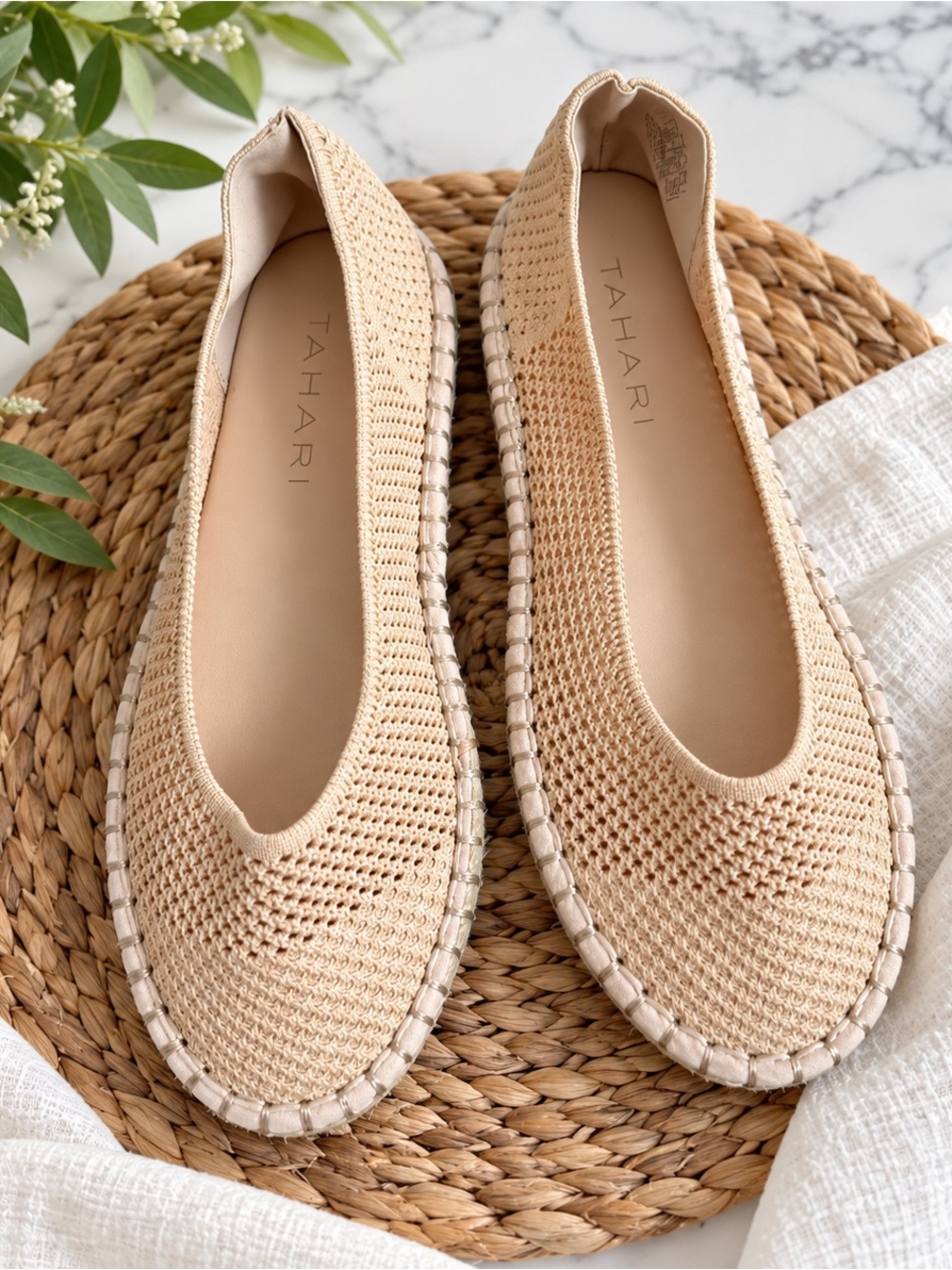 Tahari Neutral Crochet Espadrille Flats in Light Beige